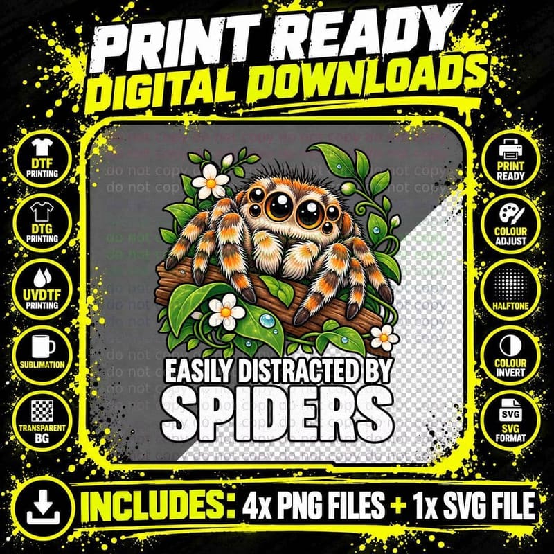 Easily Distracted By Spiders Cute Jumping Spider Png SVG Digital Bundle