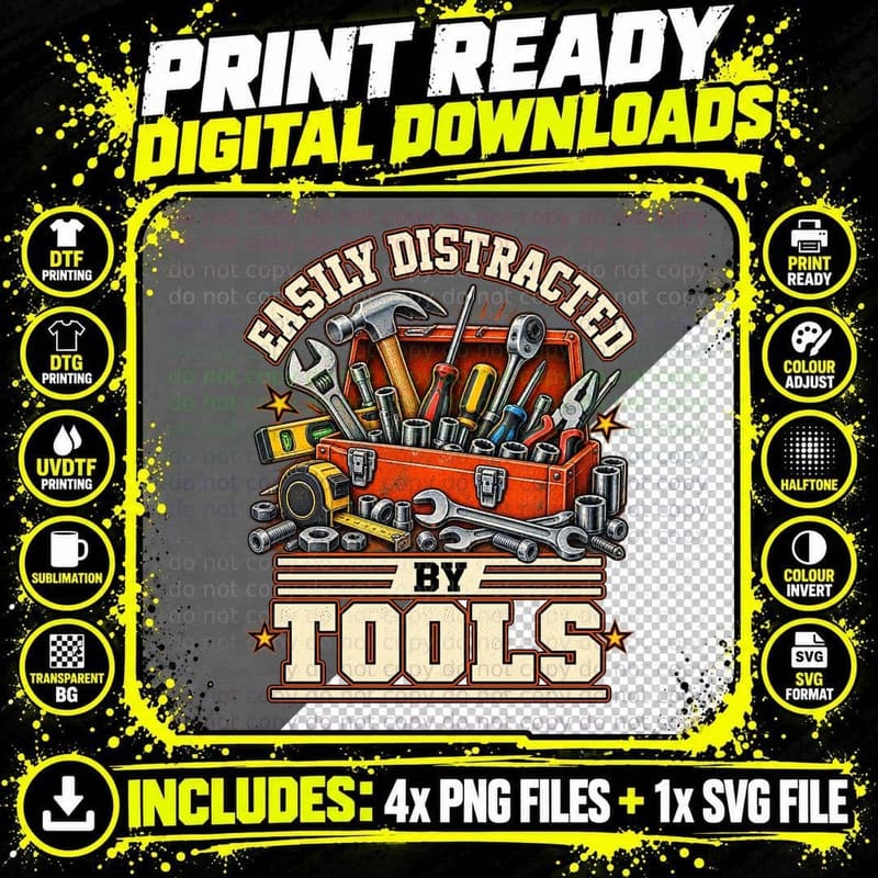 Easily Distracted By Tools Vintage Toolbox Spanners Png SVG Digital Bundle