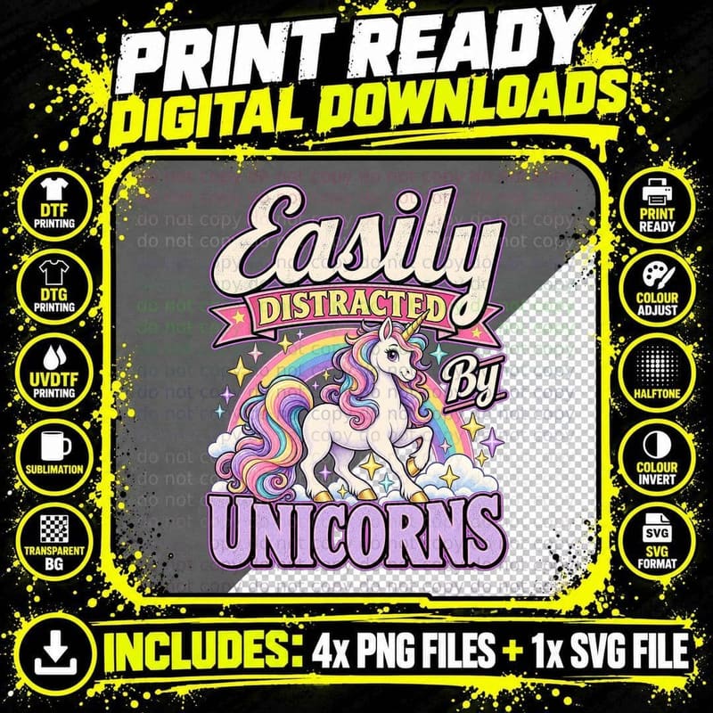 Easily Distracted By Unicorns Cute Rainbow Pastel Png SVG Digital Bundle
