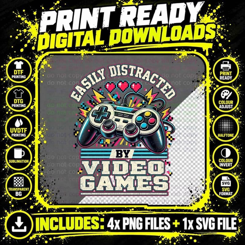 Easily Distracted By Video Games Retro Arcade Gamer Png SVG Digital Bundle