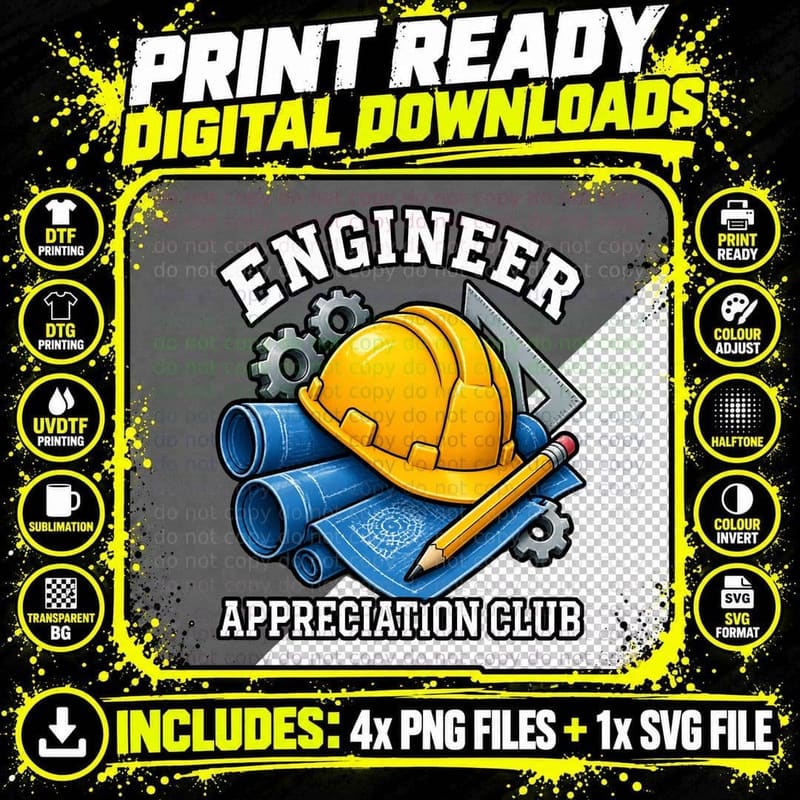 Engineer Appreciation Club Retro Hard Hat Blueprints Png SVG Digital Bundle