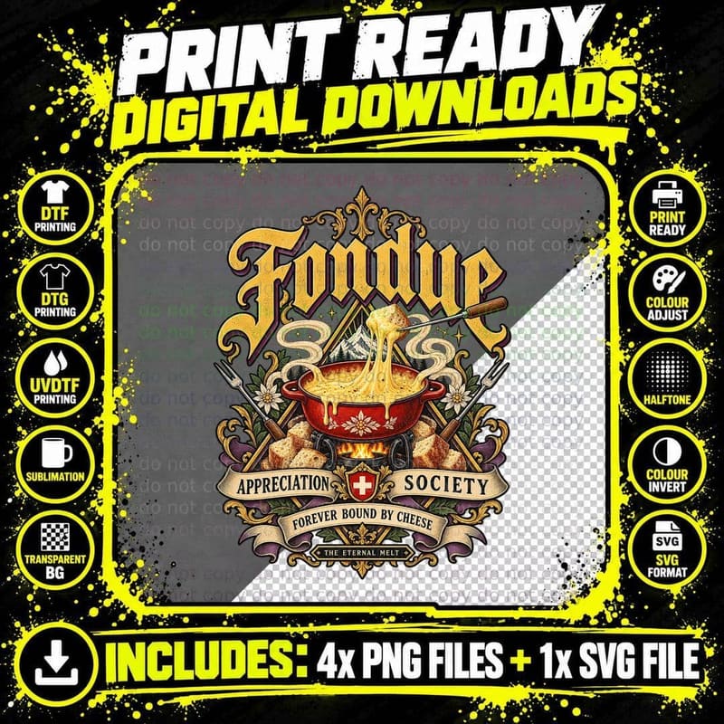 Fondue Appreciation Society Vintage Cheese Lover Gothic Png SVG Digital Bundle