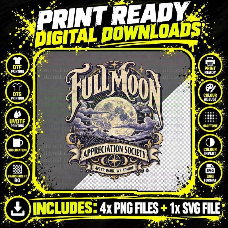 Full Moon Appreciation Society Celestial Gothic Vintage Png SVG Digital Bundle