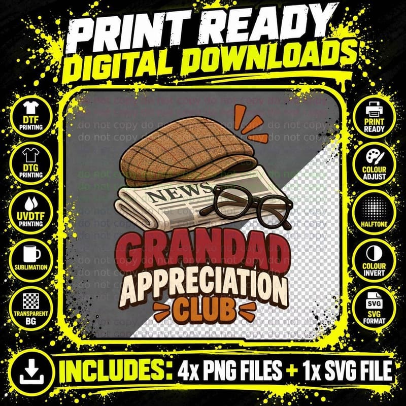Grandad Appreciation Club Vintage British Retro Grandpa Png SVG Digital Bundle
