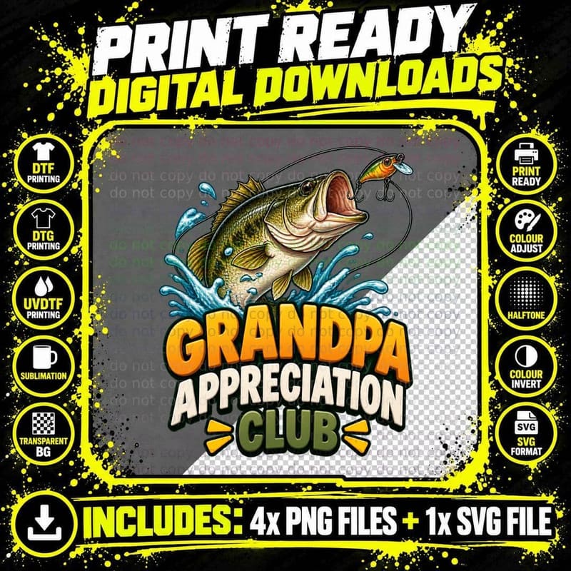 Grandpa Appreciation Club Retro Bass Fishing Lure Angler Png SVG Digital Bundle
