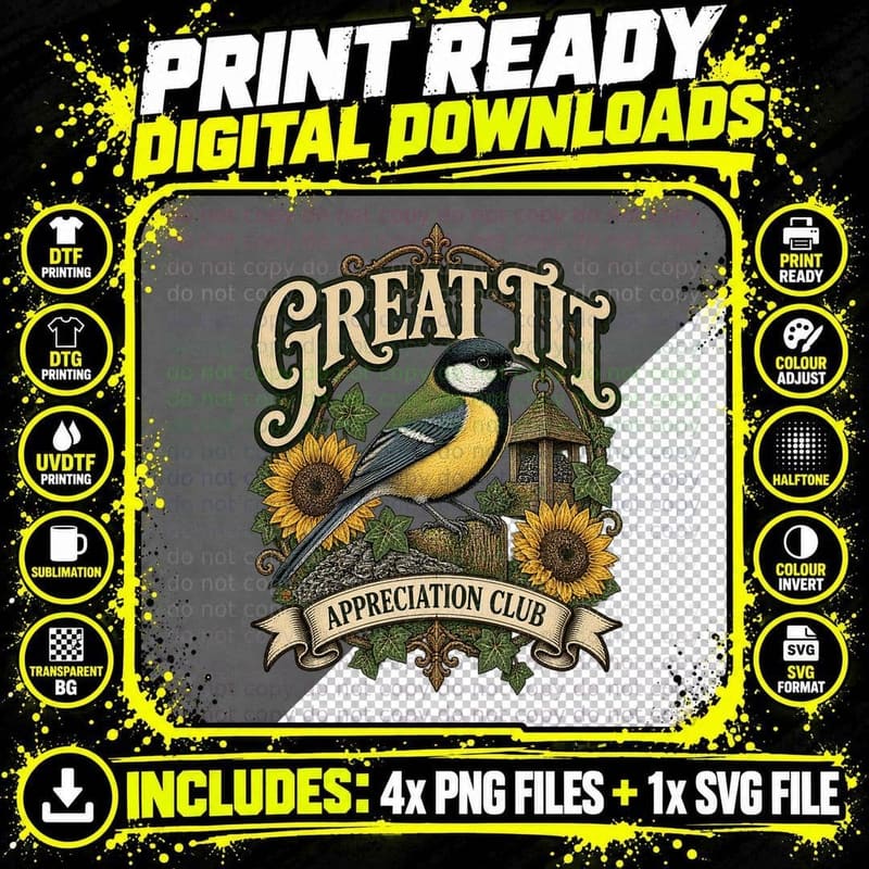 Great Tit Appreciation Club Vintage Garden Bird Png SVG Digital Bundle
