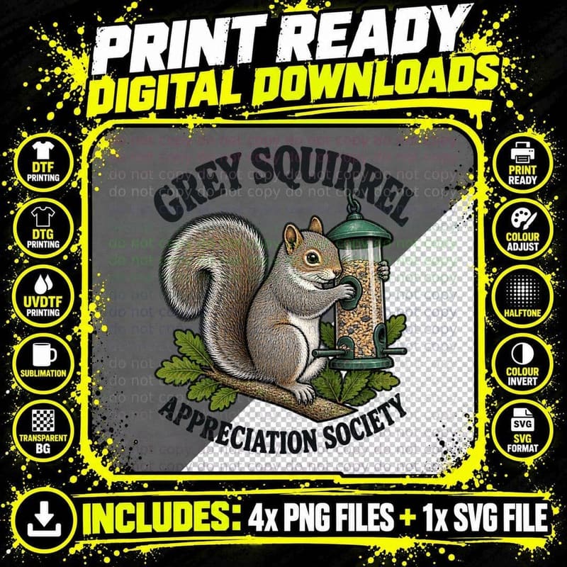 Grey Squirrel Appreciation Society Retro Wildlife Animal Png SVG Digital Bundle