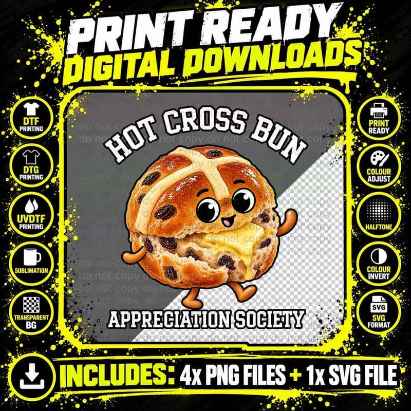 Hot Cross Bun Appreciation Society Retro Cartoon Easter Png SVG Digital Bundle