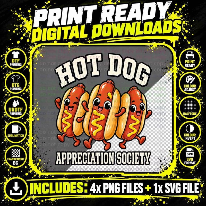 Hot Dog Appreciation Society Cute Cartoon Sausage Png SVG Digital Bundle