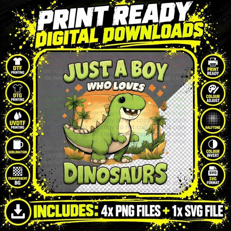 Just a Boy Who Loves Dinosaurs Cute Green Dino Sunset Png SVG Digital Bundle