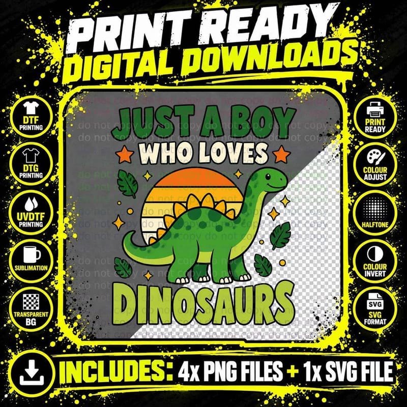 Just a Boy Who Loves Dinosaurs Retro Sunset Green Long Png SVG Digital Bundle