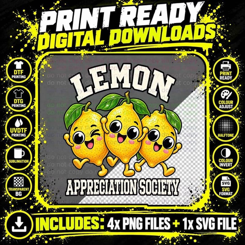 Lemon Appreciation Society Cute Cartoon Citrus Fruit Png SVG Digital Bundle