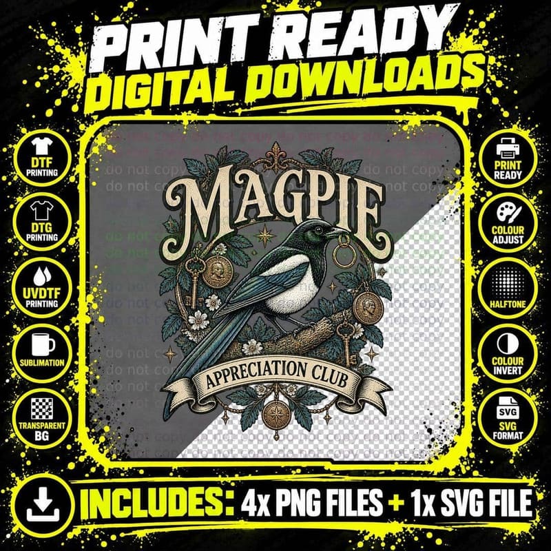 Magpie Appreciation Club Vintage Gothic Bird Shiny Keys Png SVG Digital Bundle