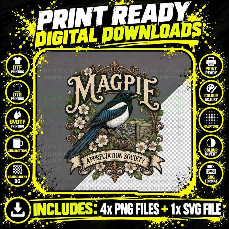 Magpie Appreciation Society Vintage Gothic Garden Bird Png SVG Digital Bundle