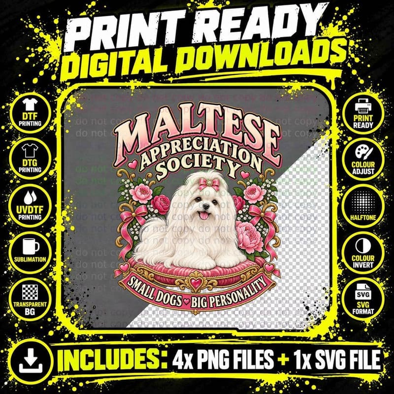 Maltese Appreciation Society Retro Pink Bow Small Dog Png SVG Digital Bundle