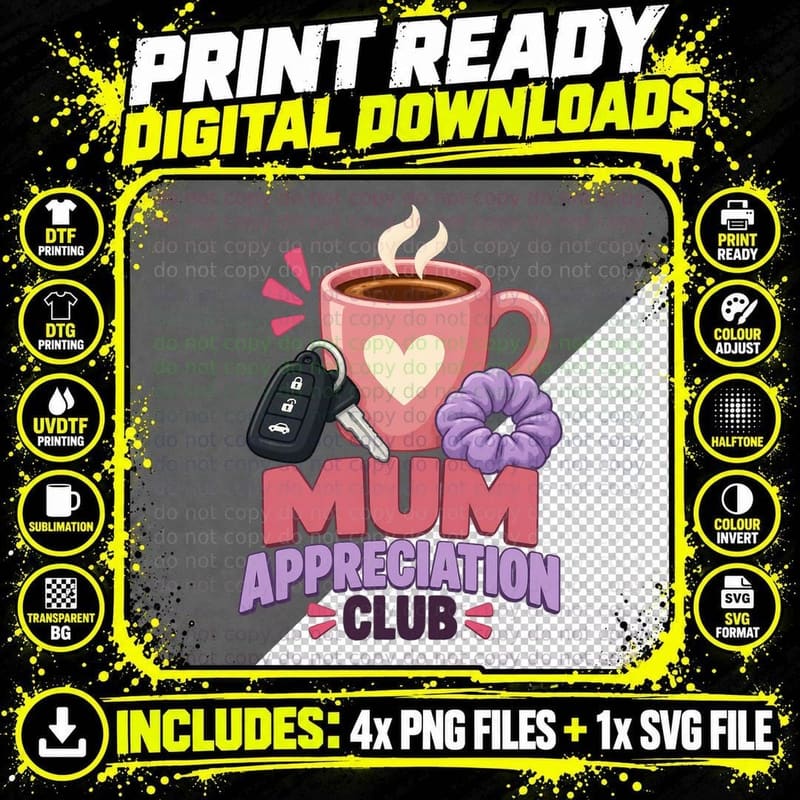 Mum Appreciation Club Retro Coffee Lover Mum Life Png SVG Digital Bundle