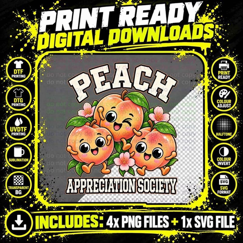 Peach Appreciation Society Cute Cartoon Pastel Fruit Png SVG Digital Bundle