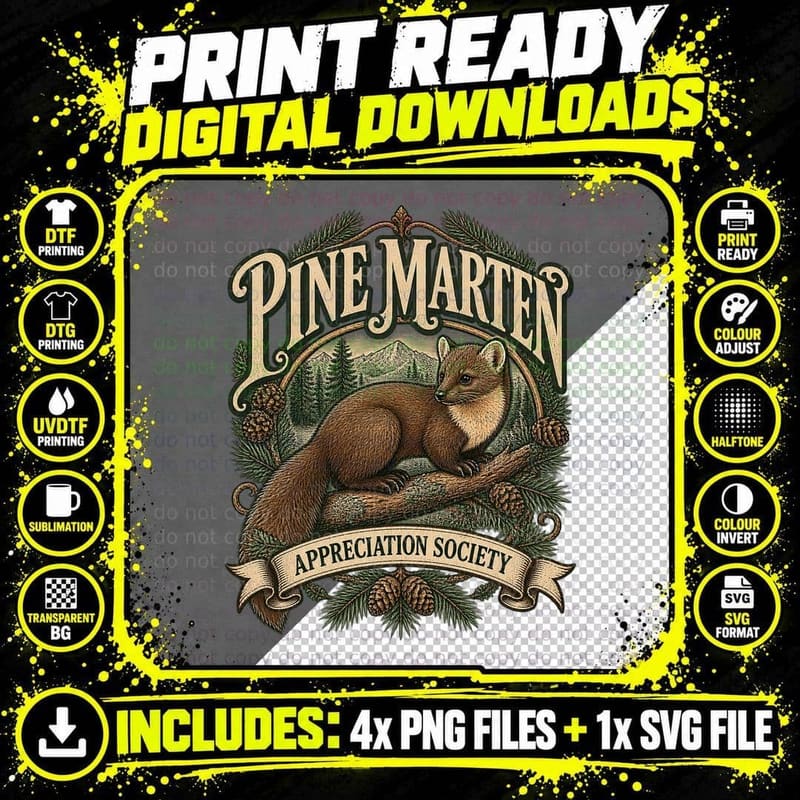 Pine Marten Appreciation Society Vintage Woodland Png SVG Digital Bundle