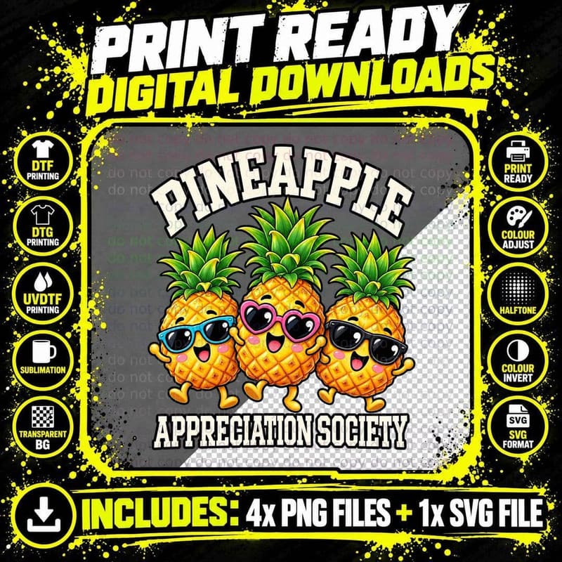 Pineapple Appreciation Society Cute Cartoon Tropical Png SVG Digital Bundle