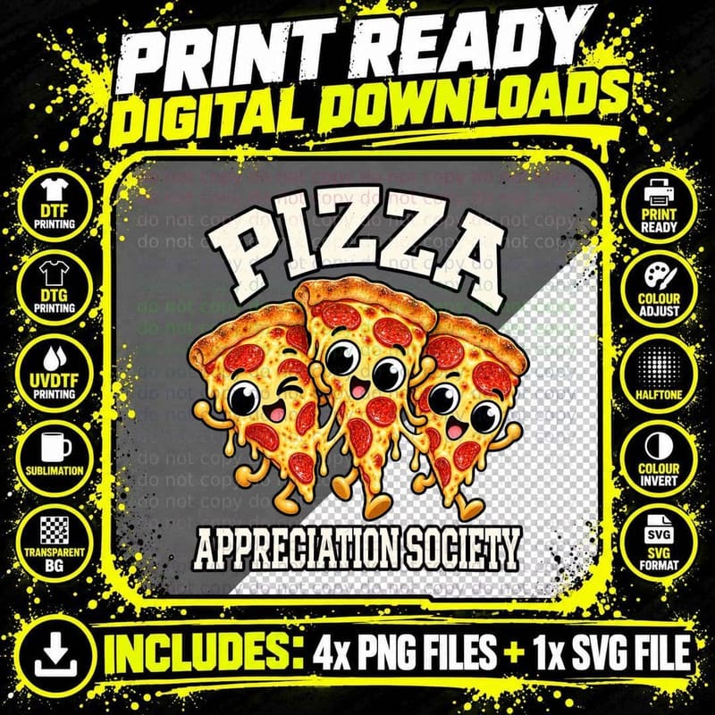 Pizza Appreciation Society Cute Cartoon Pepperoni Png SVG Digital Bundle