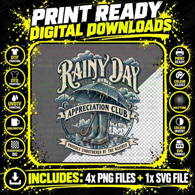 Rainy Day Appreciation Club Vintage Umbrella Wellies Png SVG Digital Bundle