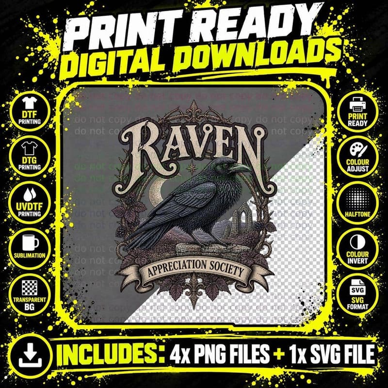 Raven Appreciation Society Vintage Gothic Bird Moonlit Png SVG Digital Bundle