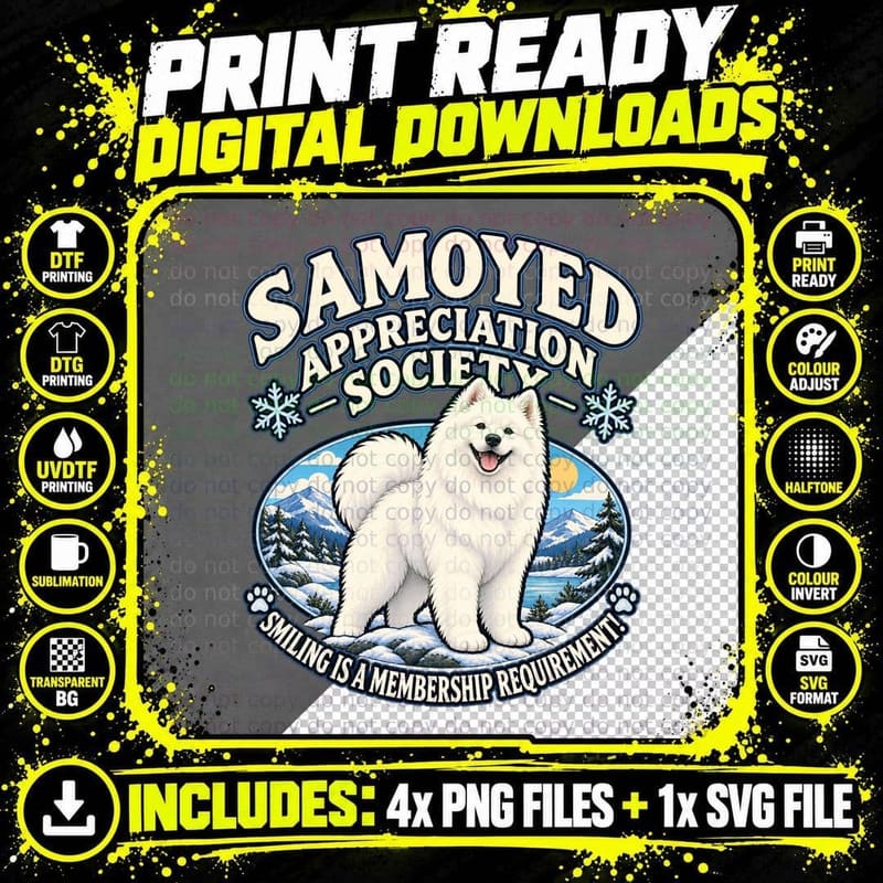 Samoyed Appreciation Society Retro Smiling Fluffy Dog Png SVG Digital Bundle