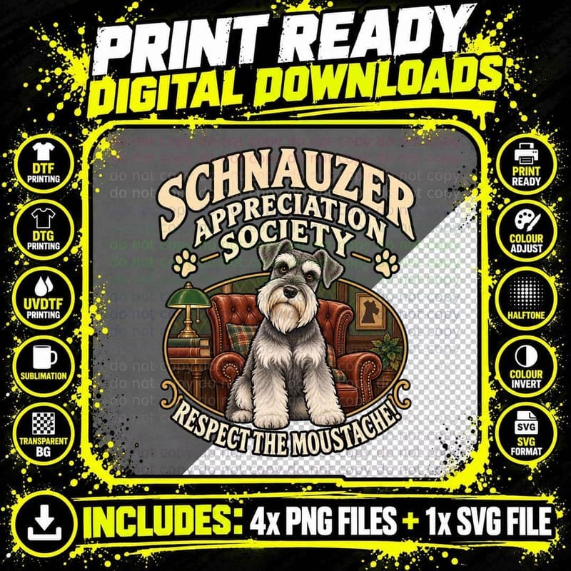 Schnauzer Appreciation Society Retro Mustache Dog Lover Png SVG Digital Bundle