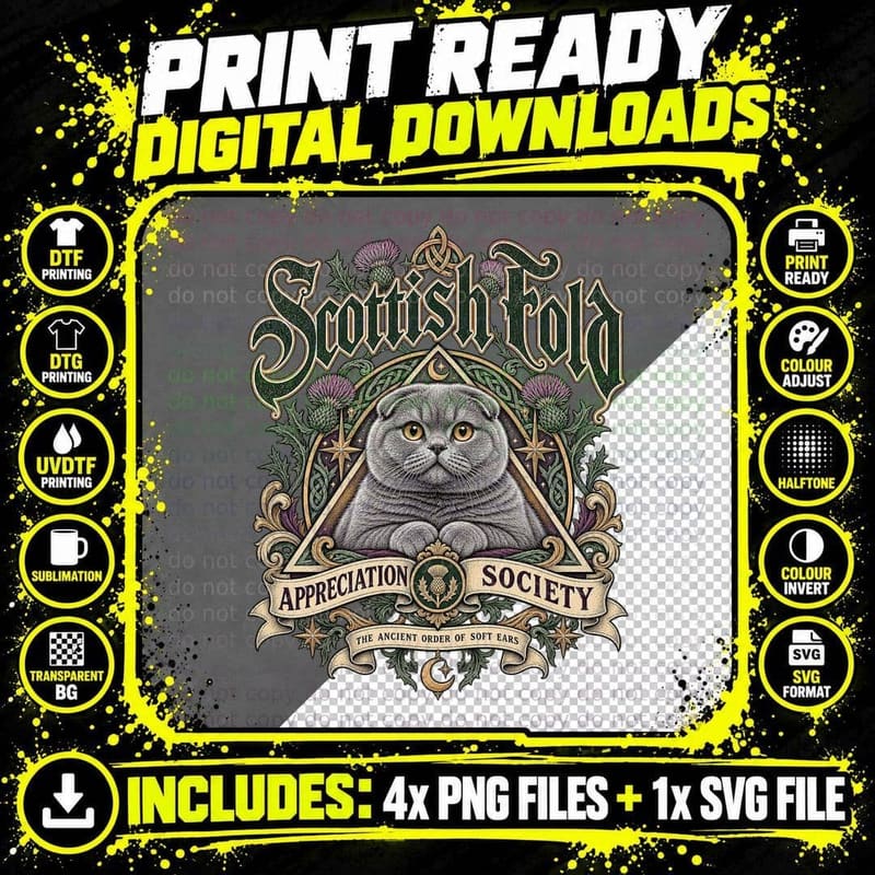 Scottish Fold Appreciation Society Celtic Gothic Thistle Png SVG Digital Bundle