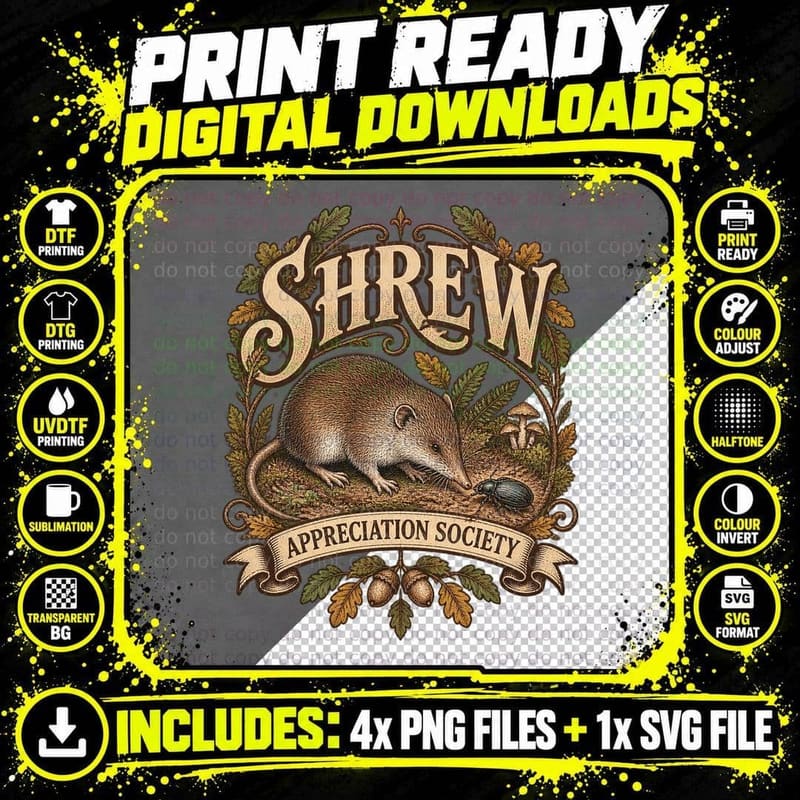 Shrew Appreciation Society Vintage Woodland Small Mammal Png SVG Digital Bundle