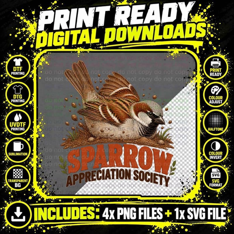Sparrow Appreciation Society Minimalist Garden Png SVG Digital Bundle