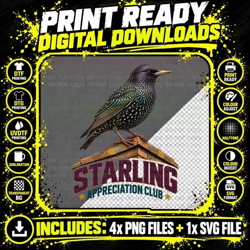 Starling Appreciation Club Iridescent British Bird Lover Png SVG Digital Bundle