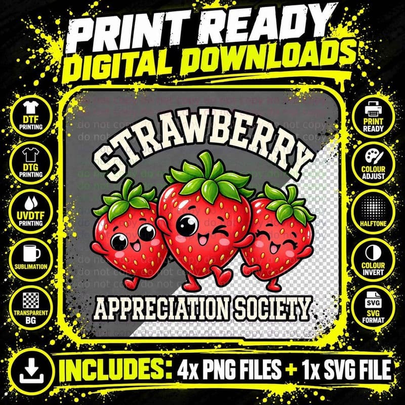 Strawberry Appreciation Society Cute Cartoon Berry Fruit Png SVG Digital Bundle
