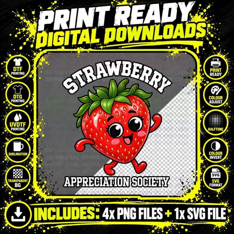 Strawberry Appreciation Society Retro Cartoon Cute Fruit Png SVG Digital Bundle