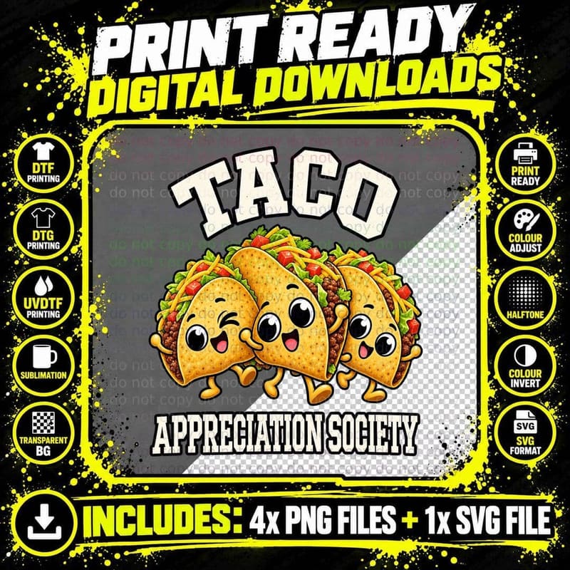 Taco Appreciation Society Cute Cartoon Mexican Food Png SVG Digital Bundle