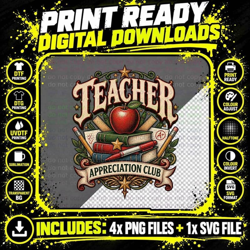 Teacher Appreciation Club Vintage School Teacher Apple Png SVG Digital Bundle