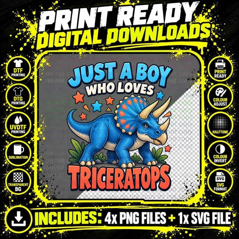 Triceratops Dinosaur Bold Flat Prehistoric Boys Dino Png SVG Digital Bundle