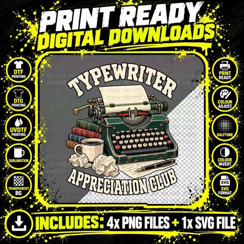 Typewriter Appreciation Club Vintage Writer Literary Png SVG Digital Bundle