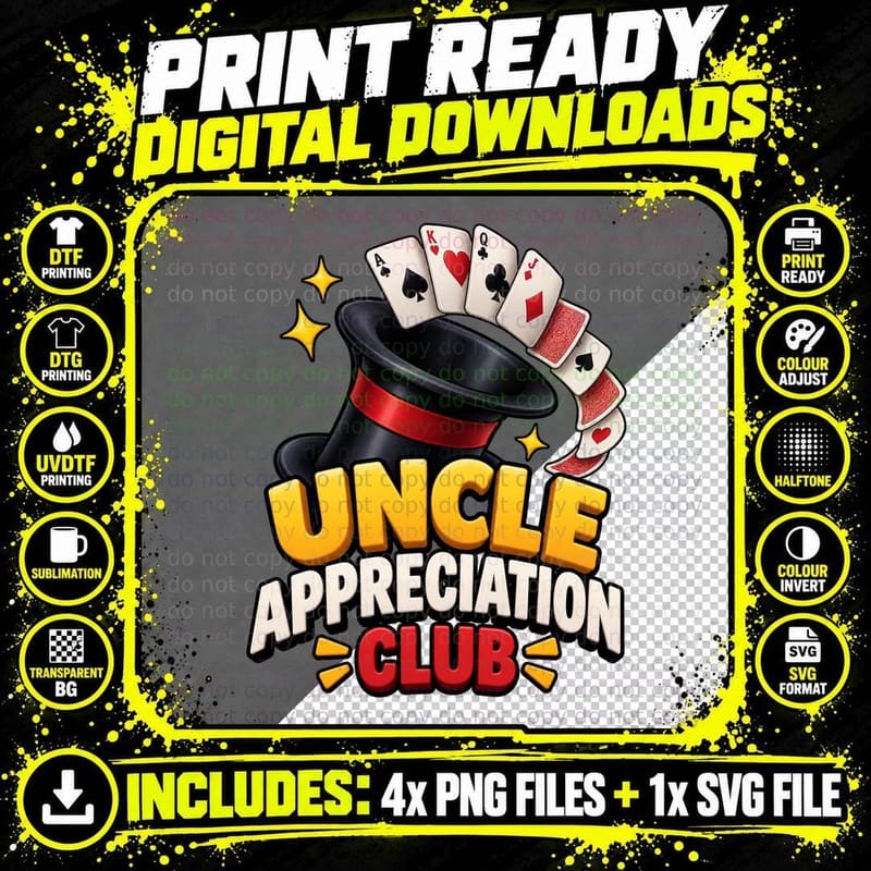 Uncle Appreciation Club Retro Magic Trick Playing Cards Png SVG Digital Bundle