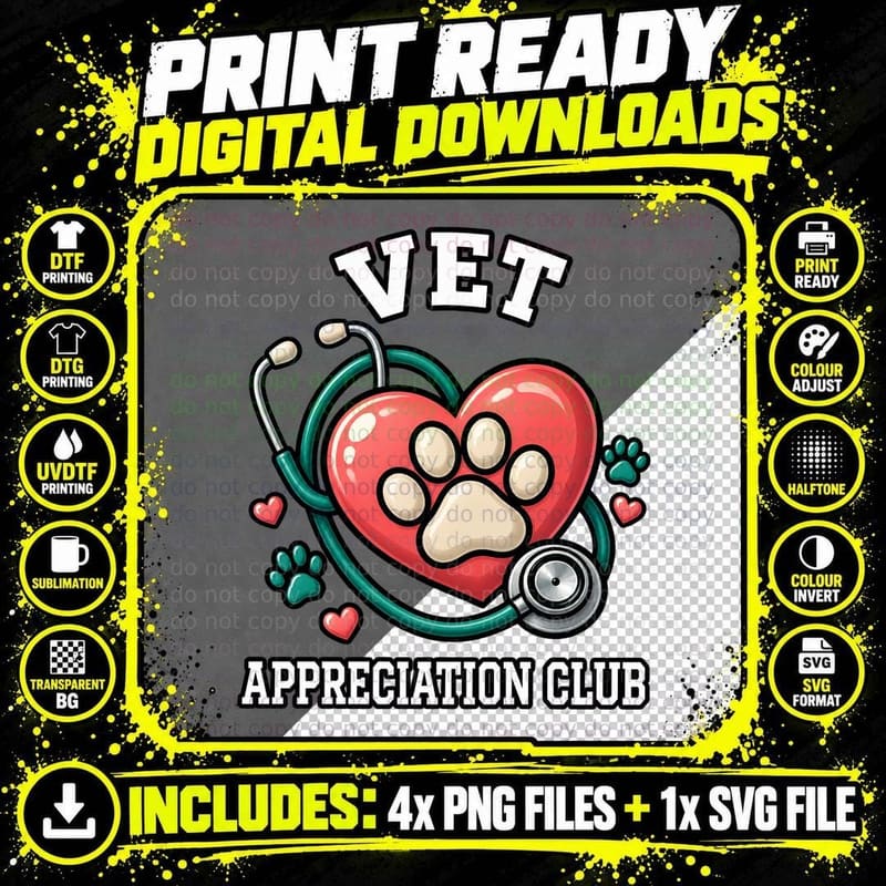 Vet Appreciation Club Retro Veterinarian Paw Print Heart Png SVG Digital Bundle