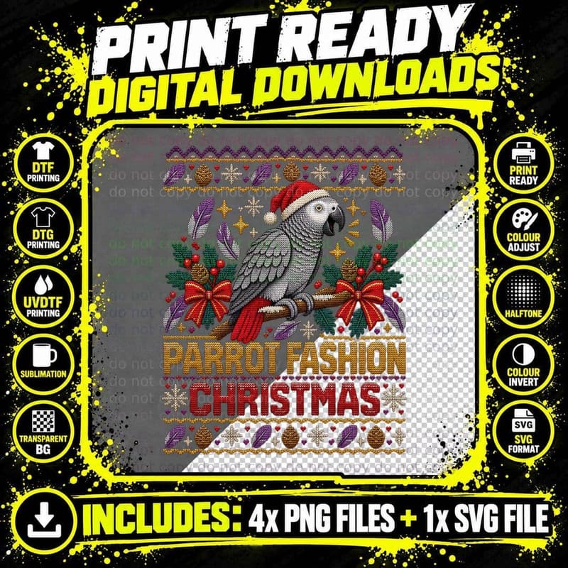 African Grey Parrot Ugly Sweater Christmas Talking Bird Png SVG Digital Bundle