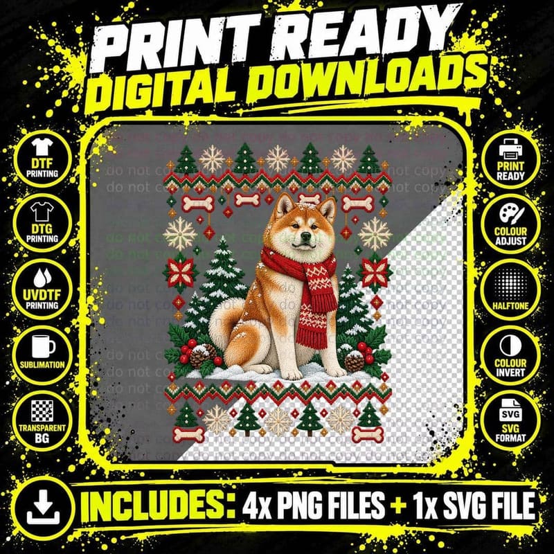 Akita Inu Christmas Ugly Sweater Japanese Akita Dog Png SVG Digital Bundle