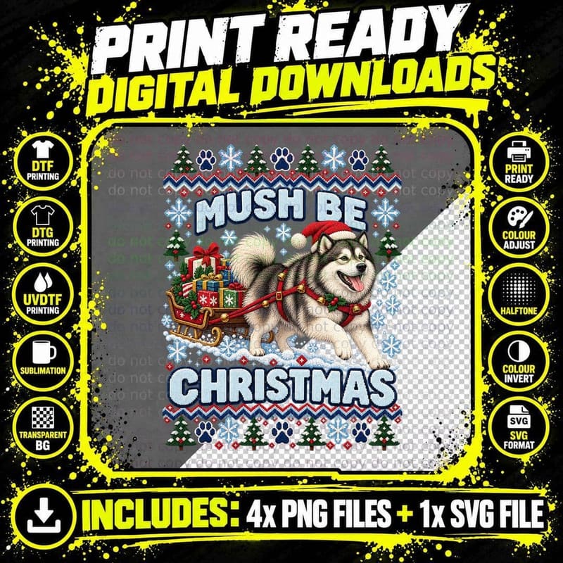Alaskan Malamute Christmas Ugly Sweater Mush Be Png SVG Digital Bundle