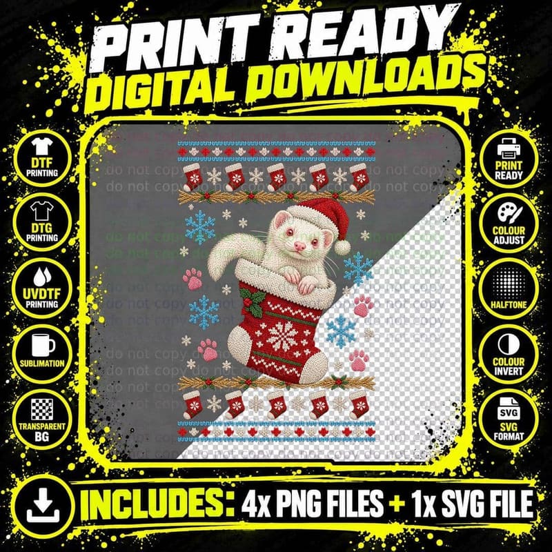Albino Ferret Christmas Ugly Sweater Cute Ferret Lover Png SVG Digital Bundle
