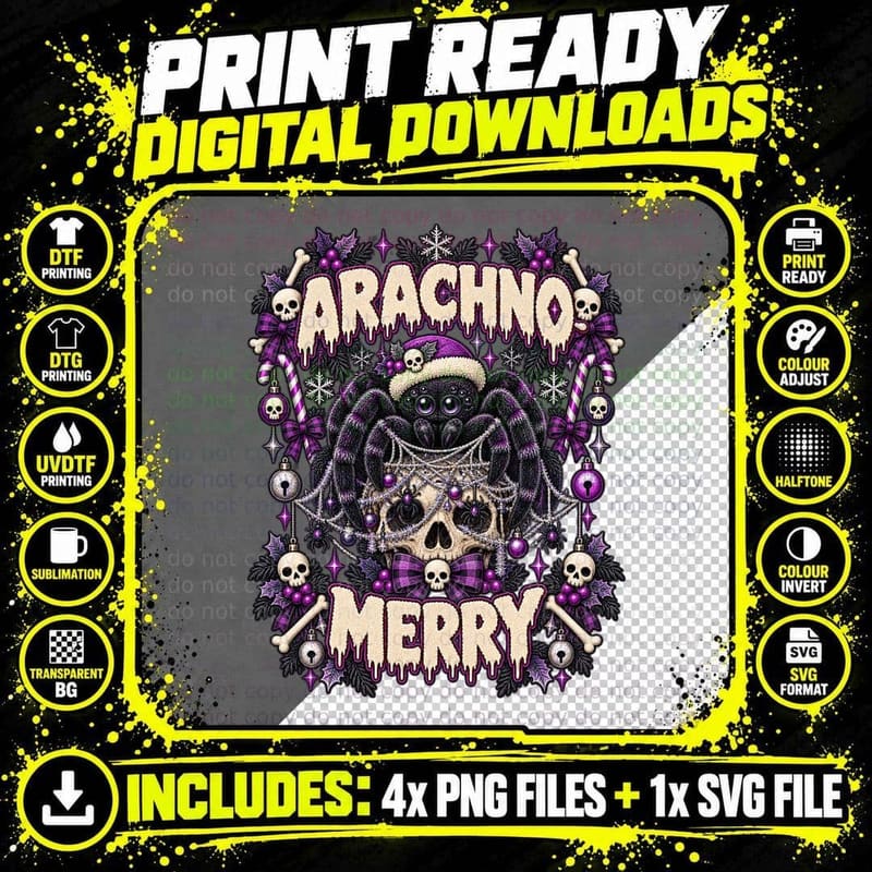 Arachno Merry Christmas Spider Skull Gothic Ugly Sweater Png SVG Digital Bundle