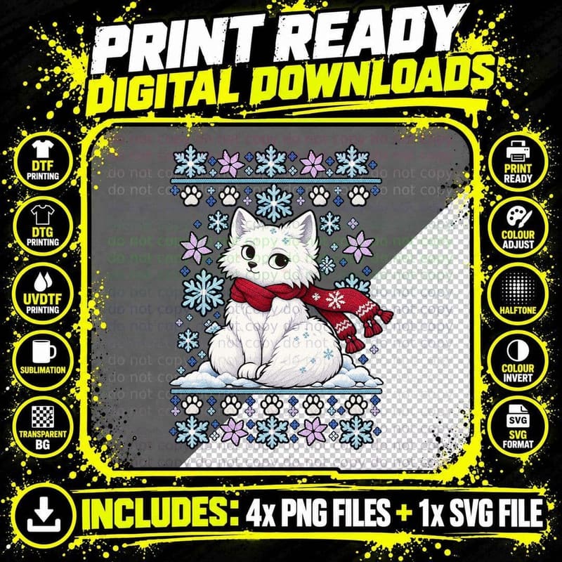 Arctic Fox Christmas Ugly Sweater Winter Wildlife Snow Png SVG Digital Bundle