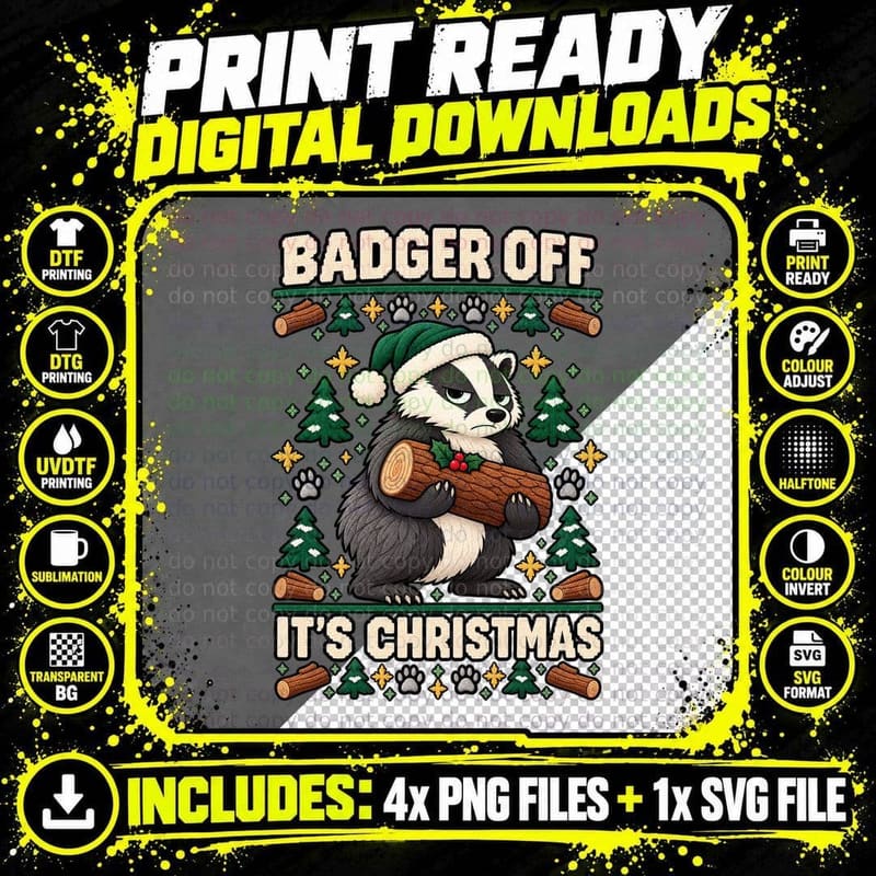 Badger Christmas Ugly Sweater Funny Woodland Wildlife Png SVG Digital Bundle