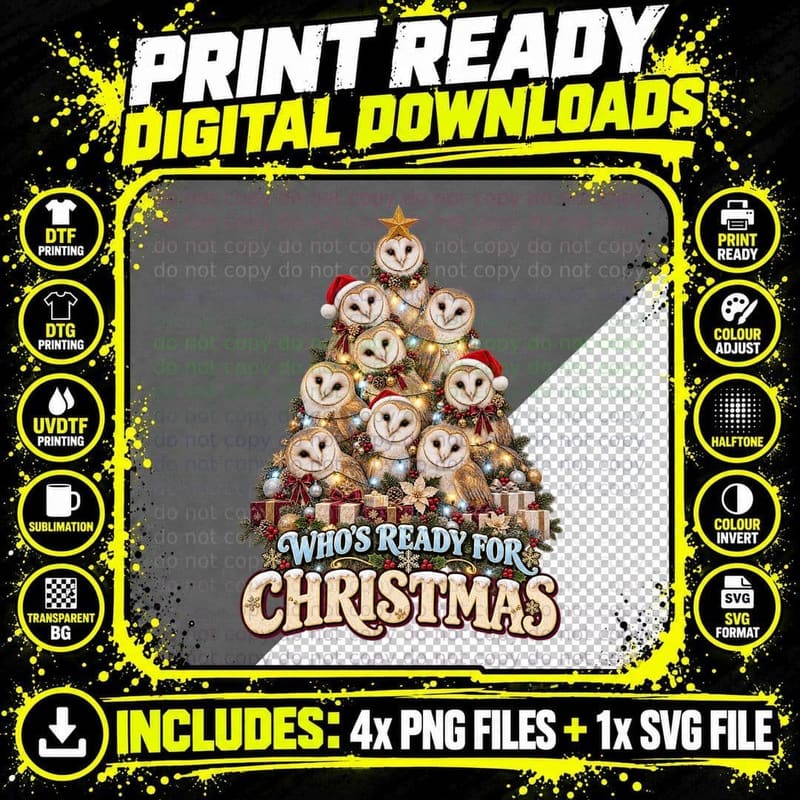 Barn Owl Christmas Tree Who's Ready For Christmas Cute Png SVG Digital Bundle