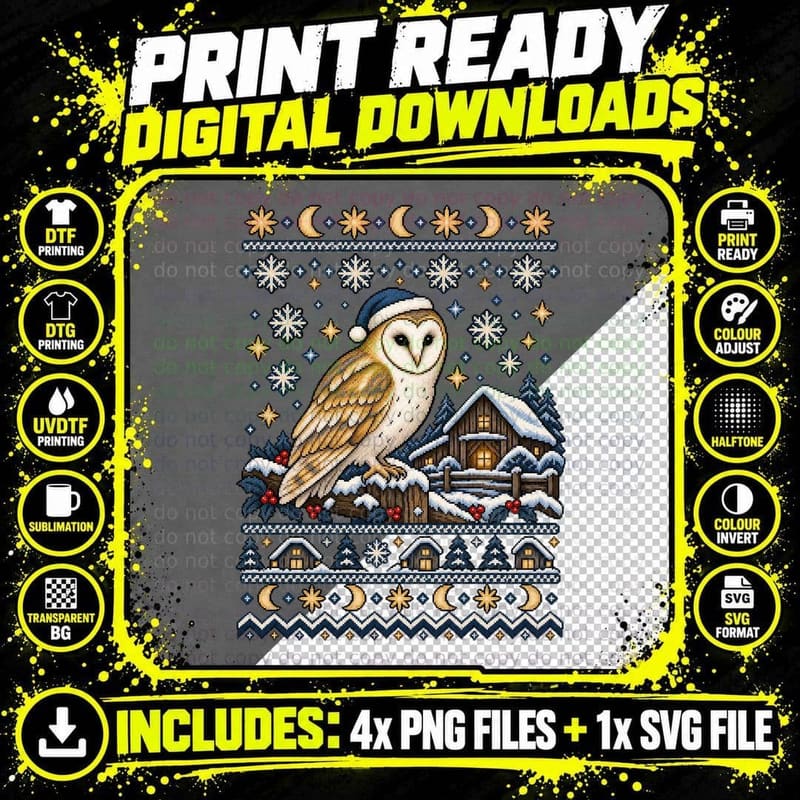 Barn Owl Christmas Ugly Sweater Retro Pixel Knit Winter Png SVG Digital Bundle