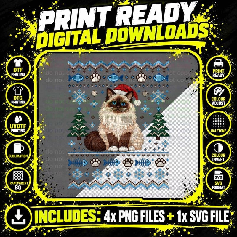 Birman Cat Christmas Ugly Sweater Blue Eyes Santa Hat Png SVG Digital Bundle